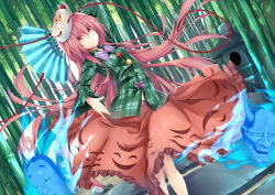 Rule 34 | 1girl, absurdres, arm up, aura, bamboo, bamboo forest, bow, bowtie, breasts, circle, commentary request, day, dutch angle, feet out of frame, folding fan, forest, green shirt, hair between eyes, hand fan, hata no kokoro, highres, holding, holding fan, kana616, long hair, long sleeves, mask, mask on head, nature, outdoors, pink eyes, pink hair, pink skirt, plaid, plaid shirt, purple bow, purple bowtie, rock, shirt, skirt, small breasts, solo, spanish commentary, standing, star (symbol), tassel, touhou, triangle, very long hair, x