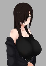 Rule 34 | 1girl, absurdres, bare shoulders, black hair, blush, breasts, brown eyes, collarbone, commentary request, grey background, hair over one eye, highres, huge breasts, long hair, looking at viewer, nao (ritsancrossover), original, pai-chan (naozuri), pov, pov hands, raised eyebrows, simple background, solo focus, unzipping, upper body