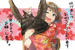 Rule 34 | 1girl, :d, akeome, animal, bird, blue eyes, brown hair, chicken, chinese zodiac, feathers, floral background, floral print, flower, grey eyes, grimm (rwby), hair flower, hair ornament, happy new year, highres, holding, holding animal, japanese clothes, kimono, kotoyoro, long sleeves, new year, obi, open mouth, print kimono, red eyes, rooster, ruby rose, rwby, sash, short hair, smile, tobihira, translation request, upper body, wide sleeves, wings, year of the rooster