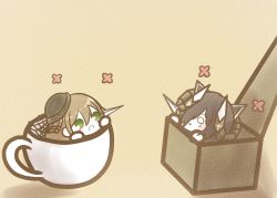 Rule 34 | 2girls, :3, aquila (azur lane), august von parseval (azur lane), azur lane, black hair, black headwear, box, chibi, cup, curled horns, green eyes, hair between eyes, hair over one eye, holding, horns, in box, in container, in cup, koti, mechanical horns, multiple girls, paper airplane, simple background, yellow background