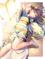 Rule 34 | 1girl, :o, absurdres, arm up, black hair, blurry, blurry foreground, brown eyes, commentary request, depth of field, feet out of frame, floral print, hair ornament, highres, huge filesize, japanese clothes, kimono, lantern, long hair, long sleeves, looking at viewer, lying, nametakenoko, no shoes, obi, on back, open mouth, original, print kimono, revision, sash, sleeves past wrists, socks, solo, tabi, white kimono, white socks, wide sleeves