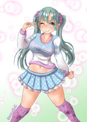 Rule 34 | 1girl, alternate costume, alternate hairstyle, breasts, clothes writing, frilled skirt, frills, green hair, grey eyes, highres, kantai collection, large breasts, long hair, long sleeves, midriff, miniskirt, navel, nawohata, one eye closed, pleated skirt, polka dot, polka dot skirt, skirt, solo, suzuya (kancolle), twintails