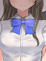 Rule 34 | 1girl, bow, breasts, brown hair, commentary request, head out of frame, highres, long hair, neit ni sei, original, pursed lips, school uniform, shirt, short sleeves, small breasts, solo, sweatdrop