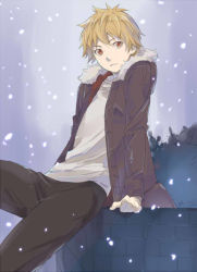 Rule 34 | 10s, 1boy, arm support, brick wall, coat, looking at viewer, male focus, noragami, outdoors, rinda, short hair, snow, solo, yukine (noragami)