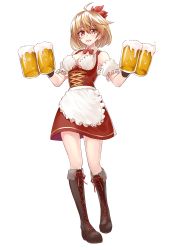 Rule 34 | 1girl, :d, absurdres, ahoge, aki shizuha, alcohol, alternate costume, apron, bare shoulders, beer, beer mug, blonde hair, boots, breasts, cleavage, cross-laced footwear, cup, dirndl, dress, dual wielding, full body, german clothes, hair between eyes, highres, holding, knee boots, lace-up boots, looking at viewer, medium breasts, mug, open mouth, red dress, red eyes, short dress, shunichi, smile, solo, standing, touhou, transparent background, underbust, waist apron
