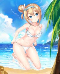 Rule 34 | 1girl, 2drr, :o, absurdres, adjusting clothes, adjusting swimsuit, armpit peek, bare arms, bare legs, bare shoulders, barefoot, beach, bikini, blonde hair, blue eyes, blue hairband, blue sky, blush, breasts, cleavage, cloud, collarbone, day, frilled bikini, frills, full body, girls&#039; frontline, groin, hair between eyes, hair bun, hair ornament, hairband, head tilt, highres, horizon, kneeling, looking at viewer, md5 mismatch, medium breasts, navel, ocean, official alternate costume, outdoors, palm tree, resolution mismatch, sand castle, sand sculpture, short hair, side bun, sidelocks, single hair bun, single side bun, sky, solo, source smaller, sparkle, stomach, suomi (girls&#039; frontline), suomi (midsummer pixie) (girls&#039; frontline), swimsuit, tree, water drop, white bikini