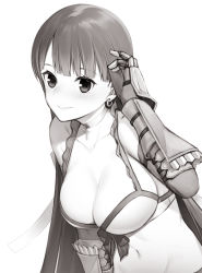 Rule 34 | 1girl, adjusting hair, blurry, breasts, cleavage, cross, depth of field, earrings, fate/grand order, fate (series), gauntlets, greyscale, jewelry, large breasts, long hair, martha (fate), martha (swimsuit ruler) (fate), martha (swimsuit ruler) (third ascension) (fate), mikazuchi zeus, monochrome, navel, smile, solo, upper body