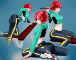 Rule 34 | 1girl, absurdres, arteslav, ass, warrior of light (ff14), bench, breasts, collage, cropped hoodie, dumbbell, exercising, eyeliner, final fantasy, final fantasy xiv, flexible, green eyes, green hoodie, gym, highres, hood, hood down, hoodie, hyur, lips, loose socks, makeup, medium breasts, midriff, navel, pants, pinup (style), red hair, shoes, short hair, skin tight, sneakers, socks, solo, stretching, tight clothes, tight pants, weightlifting, yoga pants