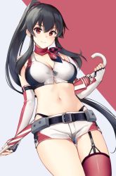 Rule 34 | 1girl, anchor symbol, belt, belt buckle, black belt, black hair, breasts, buckle, cleavage, closed mouth, collarbone, elbow gloves, fingerless gloves, gloves, hair between eyes, holding, holding umbrella, ichinomiya (blantte), kantai collection, long hair, medium breasts, navel, ponytail, race queen, red eyes, red thighhighs, shorts, single thighhigh, smile, solo, thighhighs, umbrella, very long hair, yahagi (kancolle)