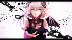 Rule 34 | 1girl, absurdres, asymmetrical wings, black gloves, blonde hair, blood, blood on face, blue eyes, chain, fingerless gloves, gloves, highres, kagamine rin, lalune, long hair, short hair, solo, swept bangs, tank top, vocaloid, white background, wings