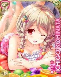 Rule 34 | 1girl, barefoot, blonde hair, breasts, card, character name, dress, girlfriend (kari), hair ornament, hairclip, kohinata ichigo, long hair, lying, massage, official art, on stomach, one eye closed, open mouth, pink dress, qp:flapper, red eyes, sleepwear, smile, tagme