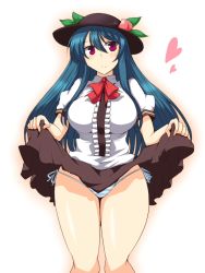 Rule 34 | 1girl, bad id, bad pixiv id, blue hair, clothes lift, female focus, hat, hinanawi tenshi, legs, panties, skirt, skirt lift, solo, striped clothes, striped panties, thick thighs, thighs, touhou, underwear, upskirt, wedge (tyrl stride)