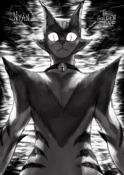 Rule 34 | artist name, bell, cat, character name, closed mouth, commentary, english commentary, furry, greyscale, highres, jingle bell, looking at viewer, monochrome, neck bell, nyan (one-punch man), one-punch man, slit pupils, solo, the golden smurf