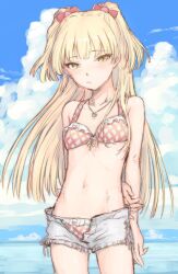 Rule 34 | 1girl, arm behind back, bikini, blonde hair, blue sky, blush, bow, breasts, closed mouth, cloud, day, frilled bikini, frills, hair bow, heart, heart necklace, highres, idolmaster, idolmaster cinderella girls, jewelry, jougasaki rika, long hair, looking at viewer, nametake, necklace, outdoors, red bow, short shorts, shorts, sky, small breasts, solo, swimsuit, two side up, water, yellow eyes