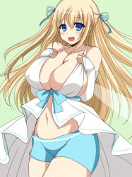 Rule 34 | 10s, 1girl, afuro, amagi brilliant park, blonde hair, blue eyes, blush, breasts, cleavage, covered erect nipples, hair ribbon, huge breasts, long hair, looking at viewer, navel, open mouth, ribbon, smile, solo, standing, sylphy (amaburi)