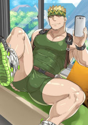 Rule 34 | 1boy, abs, armband, bara, belt, blonde hair, bodysuit, brown eyes, bulge, closed mouth, covered abs, covered erect nipples, day, ero condo, facial hair, green bodysuit, green hairband, hairband, highres, holding, holding phone, indoors, kienbiu, large pectorals, leg up, male focus, muscular, muscular male, nipples, official art, pectorals, phone, punt (kienbiu), shoes, short hair, skin tight, sleeveless, smile, sneakers, solo, spiked hair, thick thighs, thighs, window, wristband