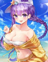 Rule 34 | 1girl, :d, bare shoulders, bb (fate), bb (fate) (all), bb (swimsuit mooncancer) (fate), bb (swimsuit mooncancer) (first ascension) (fate), bikini, bikini top only, blue sky, blush, braid, breasts, cleavage, collarbone, cropped jacket, day, fate/grand order, fate (series), hat, highres, jacket, large breasts, long hair, looking at viewer, navel, off shoulder, open mouth, purple eyes, purple hair, skirt, sky, smile, solo, star (symbol), sukemyon, swimsuit, very long hair, white bikini, white hat, yellow jacket, yellow skirt