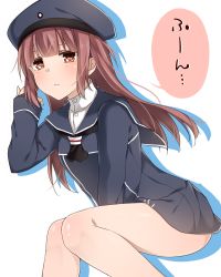 Rule 34 | 10s, 1girl, :&lt;, alternate hair length, alternate hairstyle, ascot, blush, brown eyes, brown hair, hand in own hair, hat, highres, kantai collection, solo, thighs, white background, yamasuta, z3 max schultz (kancolle)