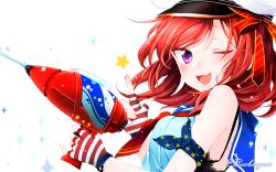 Rule 34 | 1girl, ;d, bad id, bad pixiv id, fingerless gloves, floating hair, from side, gloves, gun, hat, holding, holding gun, holding weapon, long hair, love live!, love live! school idol festival, love live! school idol project, neckerchief, nishikino maki, one eye closed, open mouth, peaked cap, purple eyes, ranase (beebergom), red hair, red neckerchief, simple background, smile, solo, striped clothes, striped gloves, water gun, weapon, white background