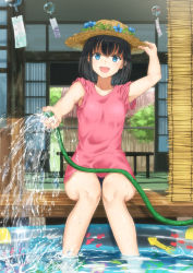 Rule 34 | 1girl, :d, adjusting clothes, adjusting headwear, armpit peek, blush, commentary request, flower, hat, hat flower, highres, holding, holding hose, hose, looking at viewer, open mouth, original, outdoors, pink shirt, pool, revision, shirt, sitting, smile, soaking feet, solo, straw hat, sudare, sugi87, wading pool, water, water drop, wind chime