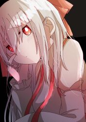 Rule 34 | 1girl, black background, blush, bow, bright pupils, close-up, collared shirt, commentary, expressionless, frilled sleeves, frills, fujiwara no mokou, grey hair, hair between eyes, hair bow, hair over shoulder, hand on own cheek, hand on own face, head tilt, highres, imperishable night, long bangs, long hair, long sleeves, looking at viewer, red bow, red eyes, shirt, sidelighting, sidelocks, sleeve garter, slouching, solo, suspenders, touhou, upper body, white pupils, white shirt, yuzupon (yuzuponpon)