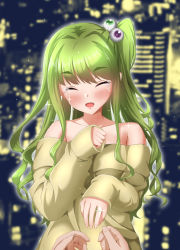 Rule 34 | 1girl, bare shoulders, blush, city lights, cityscape, commentary request, eyeball hair ornament, closed eyes, fang, green hair, jewelry, long hair, night, off-shoulder shirt, off shoulder, open mouth, original, osanai (shashaki), outdoors, pov, pov hands, ring, shirt, side ponytail, sidelocks, sleeves past wrists, smile, sparkle, taw (t765p), tears