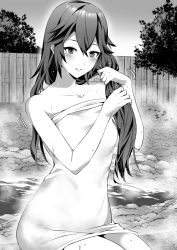 Rule 34 | 1girl, ameno (a meno0), bare arms, bare shoulders, blush, collarbone, fire emblem, fire emblem awakening, greyscale, highres, long hair, looking at viewer, lucina (fire emblem), monochrome, motion lines, naked towel, nintendo, onsen, smile, solo, steam, symbol-shaped pupils, towel, wet