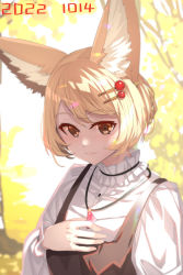 Rule 34 | 1girl, animal ear fluff, animal ears, black dress, blonde hair, blurry, blurry background, brown eyes, closed mouth, commentary request, dated, day, depth of field, dress, fox ears, hair ornament, hairclip, hand up, highres, long sleeves, original, outdoors, puffy long sleeves, puffy sleeves, shirt, short hair, sleeveless, sleeveless dress, smile, solo, white shirt, yuuji (yukimimi)