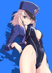 Rule 34 | 1girl, bc freedom (emblem), blonde hair, blue background, blue eyes, breasts, cleavage, cowboy shot, emblem, from below, front zipper swimsuit, girls und panzer, hat, highleg, highleg swimsuit, highres, kepi, large breasts, looking at viewer, meme attire, military hat, nenchi, one-piece swimsuit, oshida (girls und panzer), sideboob, simple background, solo, standing, swimsuit, zipper