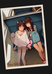 Rule 34 | 2girls, ankle boots, backpack, bag, blue skirt, blunt bangs, boots, brown hair, closed eyes, clothes writing, collarbone, day, eyelashes, grey shirt, grey shorts, hair bobbles, hair ornament, highres, holding, holding bag, indoors, kaya (tiny evil), long hair, long sleeves, miniskirt, muk (monsieur), multiple girls, natsumi (tiny evil), non-web source, open mouth, original, photo (object), pink footwear, shirt, shoes, short hair, short shorts, shorts, side-by-side, sitting, skirt, sleeping, striped clothes, striped shirt, thighhighs, tiny evil, train interior, white legwear, white shirt, wrist cuffs