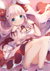 Rule 34 | 1girl, animal ears, apple, apple hair ornament, blue eyes, bow, breasts, cleavage, closed mouth, dated, dress, feet out of frame, food, food-themed hair ornament, frilled dress, frills, fruit, hair bow, hair ornament, hands up, heart, heart-shaped pillow, heart hair ornament, highres, long hair, lying, medium breasts, neki (wakiko), on back, original, pillow, pink hair, puffy short sleeves, puffy sleeves, rabbit ears, red apple, red bow, red footwear, shoes, short sleeves, signature, socks, solo, striped clothes, striped dress, tiara, twintails, vertical-striped clothes, vertical-striped dress, very long hair, white socks