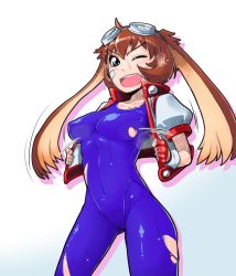 Rule 34 | &gt;;d, 1girl, ;d, animal ears, blue bodysuit, bodysuit, breasts, brown hair, rabbit ears, covered navel, cowboy shot, cropped jacket, fingerless gloves, gloves, goggles, goggles on head, hot, large breasts, looking at viewer, makihara arina, misonou hirokichi, one eye closed, open mouth, short hair, skin tight, smile, solo, steam, sweat, torn bodysuit, torn clothes, v-shaped eyebrows, waku waku 7, white background