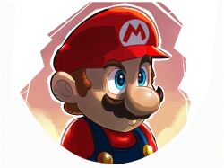 Rule 34 | 1boy, blue eyes, blue overalls, brown hair, commentary, hat, highres, jiggidyjakes, male focus, mario, mario (series), nintendo, overalls, portrait, red shirt, shirt, solo