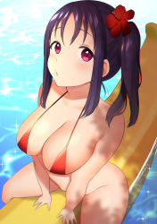 Rule 34 | :o, absurdres, arm support, banana boat, bare arms, bare shoulders, between legs, bikini, breasts, cleavage, collarbone, flower, hair flower, hair ornament, halterneck, hand between legs, hibiscus, highres, in water, kazepana, kazuno sarah, large breasts, light blush, looking at viewer, love live!, love live! sunshine!!, open mouth, outdoors, parted bangs, purple eyes, purple hair, red bikini, red flower, side ponytail, sidelocks, sitting, solo, sparkle, swimsuit, thick thighs, thighs, water