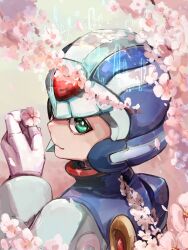 Rule 34 | 1boy, absurdres, android, blue eyes, blue helmet, blue ribbon, cherry blossoms, cyber elf x (mega man), forehead jewel, from above, from behind, halo, highres, looking at viewer, looking back, mechanical wings, mega man (series), mega man zero (series), omochi (mochi skymega), pink theme, ribbon, solo, wings, x (mega man)