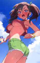 Rule 34 | 1girl, bakusou kyoudai let&#039;s &amp; go!!, bakusou kyoudai let&#039;s &amp; go!! max, blue eyes, blush, breasts, brown hair, choker, cloud, cloudy sky, commentary, crop top, denim, denim shorts, embarrassed, fang, from below, green shorts, large breasts, legs together, looking at viewer, looking down, medium hair, oogami marina, open mouth, outdoors, red shirt, shirt, shorts, sky, solo, standing, sweat, ter (otokoter), twintails, underboob, wristband