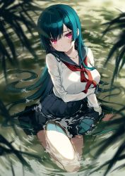 Rule 34 | 1girl, aqua hair, arm at side, arm support, arm under breasts, black skirt, blurry, blurry foreground, blush, breasts, collarbone, full body, highres, knee up, leaf, long hair, long sleeves, looking at viewer, medium breasts, miniskirt, neckerchief, nikyuppa, original, parted lips, partially submerged, pink eyes, pleated skirt, red neckerchief, sailor collar, school uniform, serafuku, sitting, skirt, sleeve cuffs, solo, very long hair, water, water drop, wet, wet clothes