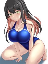 Rule 34 | 1girl, aqua bow, aqua bowtie, black hair, blue one-piece swimsuit, blush, bow, bowtie, breasts, competition swimsuit, covered navel, hair between eyes, highres, kantai collection, large breasts, long hair, looking at viewer, montemasa, multicolored clothes, multicolored hair, multicolored swimsuit, naganami (kancolle), one-hour drawing challenge, one-piece swimsuit, pink hair, simple background, smile, solo, squatting, swimsuit, two-tone hair, two-tone swimsuit, wavy hair, white background, yellow eyes