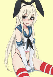 Rule 34 | 10s, 1girl, anchor hair ornament, bad id, bad pixiv id, black eyes, black panties, blonde hair, blush, elbow gloves, gloves, hair ornament, hairband, kantai collection, kyouki, long hair, navel, panties, shimakaze (kancolle), simple background, sitting, solo, striped clothes, striped thighhighs, thighhighs, underwear, white gloves, yellow background