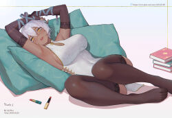 Rule 34 | 1girl, breasts, chinese clothes, dark skin, feet, highres, large breasts, light blush, lipstick, looking at viewer, makeup, mole, mole under eye, original, parted lips, qizhu, see-through, see-through legwear, short hair, silver hair, thighhighs, toes, yellow eyes