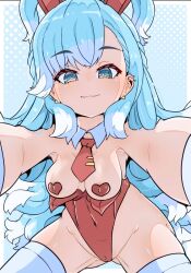 Rule 34 | 1girl, animal ears, blue eyes, blue hair, blush, breasts, collarbone, covered erect nipples, covered navel, detached collar, earrings, fake animal ears, heart maebari, heart pasties, highleg, highleg leotard, highres, hololive, hololive indonesia, jewelry, kobo kanaeru, leotard, long hair, looking at viewer, maebari, meme attire, moral cacoethes, multicolored hair, necktie, pasties, playboy bunny, rabbit ears, red leotard, red necktie, small breasts, smile, solo, strapless, strapless leotard, thighhighs, two-tone hair, virtual youtuber, white hair, white thighhighs