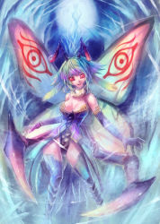 Rule 34 | 1girl, antennae, arthropod girl, breasts, butterfly wings, cleavage, edobox, green hair, insect wings, monster girl, original, pixiv fantasia, pixiv fantasia 4, solo, thighhighs, wings