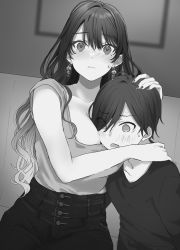 Rule 34 | 1boy, 1girl, @ @, age difference, blouse, breasts, child, cleavage cutout, closed mouth, clothing cutout, commentary request, couch, dutch angle, earrings, embarrassed, flustered, greyscale, hair between eyes, hair over one eye, hamu (plot sy), hand in another&#039;s hair, hand on another&#039;s shoulder, highres, hug, indoors, jewelry, kyori-kan ga bagu tte iru deatte soku o mochikaeri shicha damena no?, long hair, looking at viewer, monochrome, onee-shota, open mouth, original, sasagawa ayano, seat, shirt, short sleeves, sitting, tokiwa yosyo