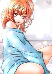 Rule 34 | 1girl, absurdres, bare shoulders, highres, looking at viewer, love live!, love live! sunshine!!, medium hair, minami saan, open mouth, orange hair, red eyes, solo, takami chika