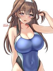 Rule 34 | 1girl, ahoge, black one-piece swimsuit, blue one-piece swimsuit, blush, breasts, brown hair, competition swimsuit, covered navel, cowboy shot, dated, double bun, hair bun, hairband, highres, impossible clothes, impossible swimsuit, kantai collection, kongou (kancolle), long hair, looking at viewer, medium breasts, montemasa, one-hour drawing challenge, one-piece swimsuit, open mouth, simple background, smile, swimsuit, twitter username, two-tone swimsuit, white background