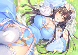 Rule 34 | 1girl, :d, arch bishop (ragnarok online), black hair, blue dress, blush, breasts, cleavage, collarbone, commentary request, commission, cowboy shot, cross, cross-laced clothes, dress, dutch angle, flower, grass, groin, hair between eyes, hair flower, hair ornament, hat, knee up, large breasts, long hair, long sleeves, looking at viewer, lying, no panties, on back, open mouth, pelvic curtain, puffy long sleeves, puffy sleeves, ragnarok online, ribbon, ribbon-trimmed legwear, ribbon trim, shadow, sidelocks, skeb commission, smile, solo, sorai shin&#039;ya, thighhighs, veil, white thighhighs, yellow eyes