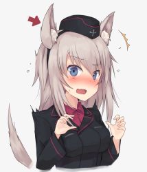 Rule 34 | 10s, 1girl, animal ears, arrow (symbol), blush, dog ears, dog tail, embarrassed, fake animal ears, girls und panzer, hat, itsumi erika, looking at viewer, metindone, military, military uniform, open mouth, short hair, silver hair, simple background, solo, ^^^, surprised, tail, uniform
