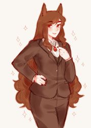 Rule 34 | 1girl, alternate costume, animal ears, blush, brown hair, curvy, formal, hip focus, imaizumi kagerou, jacket, jewelry, long hair, long sleeves, looking at viewer, nail polish, necklace, orz (kagewaka), pants, red eyes, shirt, simple background, smile, solo, sparkle, suit, touhou, very long hair, vest, wide hips, wolf ears