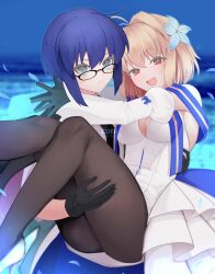 Rule 34 | 2girls, ahoge, arcueid brunestud, bare shoulders, black gloves, black pantyhose, blonde hair, blue eyes, blue hair, breasts, c01a (cola), carrying, ciel (tsukihime), cleavage, detached sleeves, dress, gloves, highres, large breasts, multiple girls, night, pantyhose, princess carry, red eyes, short hair, tsukihime, white dress, white sleeves