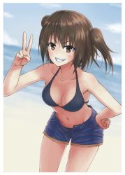 Rule 34 | 10s, 1girl, alternate costume, bare arms, bare shoulders, beach, bent over, bikini, bikini top only, black bikini, blue sky, breasts, brown eyes, brown hair, cleavage, cloud, collarbone, cowboy shot, day, denim, denim shorts, dutch angle, gradient background, grin, hair between eyes, hand on own hip, kantai collection, leaning forward, looking at viewer, lux (dtag0dmg), medium breasts, navel, ocean, open fly, outdoors, sendai (kancolle), short hair, short shorts, shorts, sky, smile, solo, swimsuit, two side up, unzipped, v, water